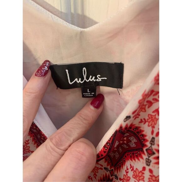 LULUS SLIP DRESS SPAGHETTI STRAPS V NECK BOHO CORAL/RED/WHITE OFFICE SIREN SZ L - Picture 5 of 13